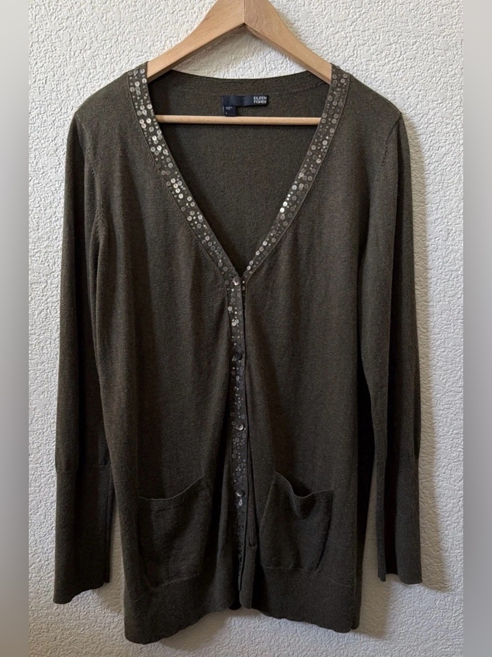 Eileen Fisher Size Large Organic Cotton/ Cashmere Sequin Button Up Sweater Green